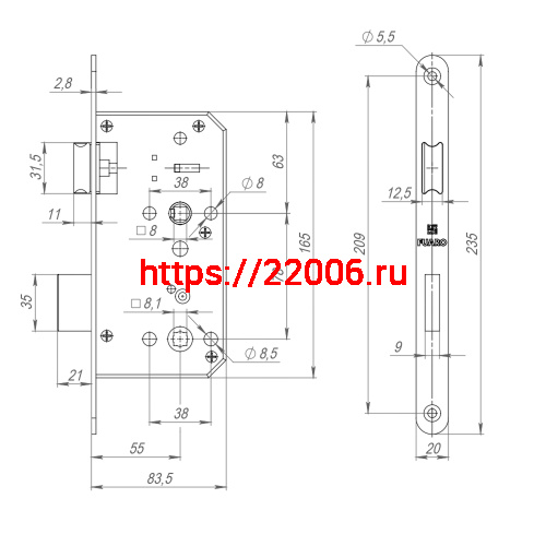 Замок Fuaro (Фуаро) врезной DD.INOX/WC-55.78 (лиц.планка 20 мм) фото 3 Замок Fuaro (Фуаро) врезной DD.INOX/WC-55.78 (лиц.планка 20 мм) фото 3
