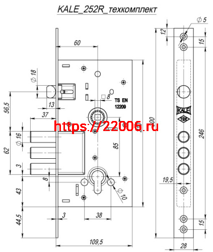 Корпус Kale kilit (Кале килит) врезного цилиндрового замка с защёлкой 252/R w/b (тех. комплектация) фото 3