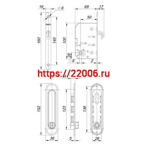 Защелка Punto (Пунто) с ручками для раздвижных дверей SH.SL152.KIT011-BK (Soft LINE SL-011) SN-3 матовый никель фото 4