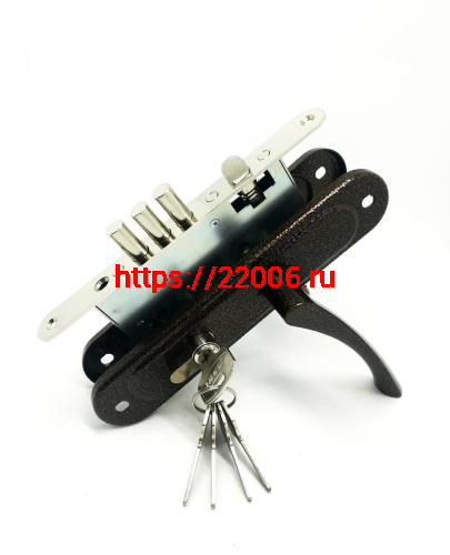 Замок Zenit (Зенит) врезной цилиндровый с защёлкой в комплекте с ручкой ЗВ4.009/17 (медь), 4 кл.