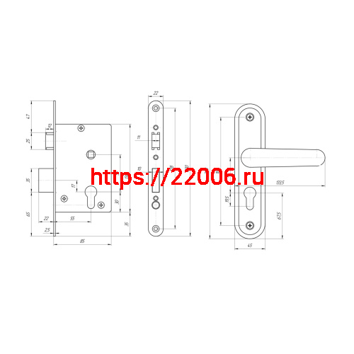 Замок Absolyute (Абсолют) врезной цилиндровый с защёлкой в комплекте с ручкой ЗВ4.2-08 (серебро антик), 4 кл. фото 2