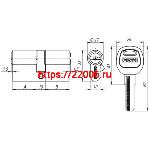 Цилиндровый Punto (Пунто) механизм (A200/90) A2000Key90(30+10+50) SN никель фото 3
