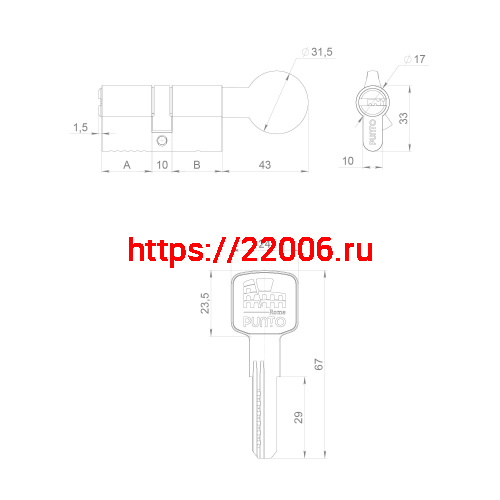 Цилиндровый Punto (Пунто) механизм Z3002Knob100(45+10+45) с вертушкой CP хром фото 3